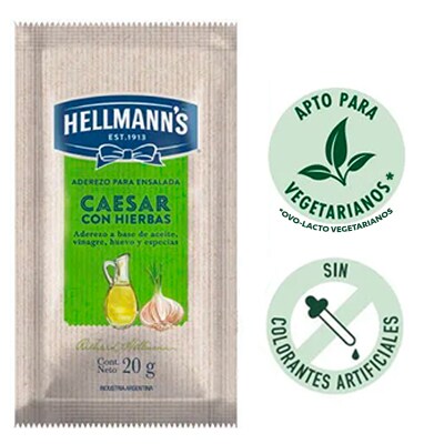 Hellmann's® Aderezo César 20g - Descubre el aderezo Cesar de Hellmann's® a base de aceite, vinagre huevo y especias, ideal para tus ensaladas y servicio a domicilio.