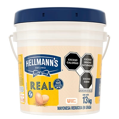 Hellmann's® Mayonesa Real 13 Kg - Hellmann's® Real es una mayonesa reducida en grasa que puede emplearse para distintas aplicaciones en frío y en caliente. Hellmann's® Mayonesa Real 13 Kg