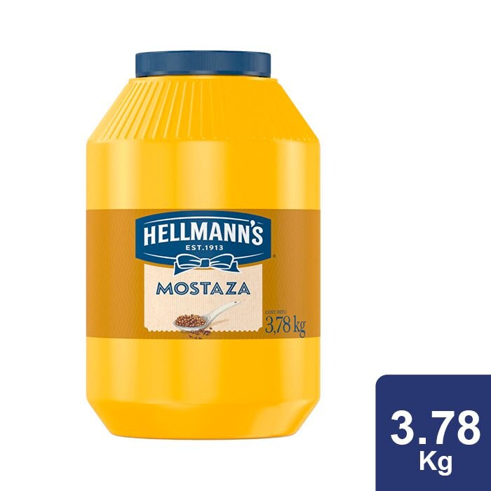 Hellmann's® Mostaza 3.78 L - Hellmann's® Mostaza es un salsa empleada para condimentar y aderezar una gran cantidad de platillos y preparaciones como hamburguesas, sándwiches, aderezos y muchos más; ya sea directo o mezclado con otros ingredientes. Puede emplearse también para marinar carnes o como base para otras salsas.