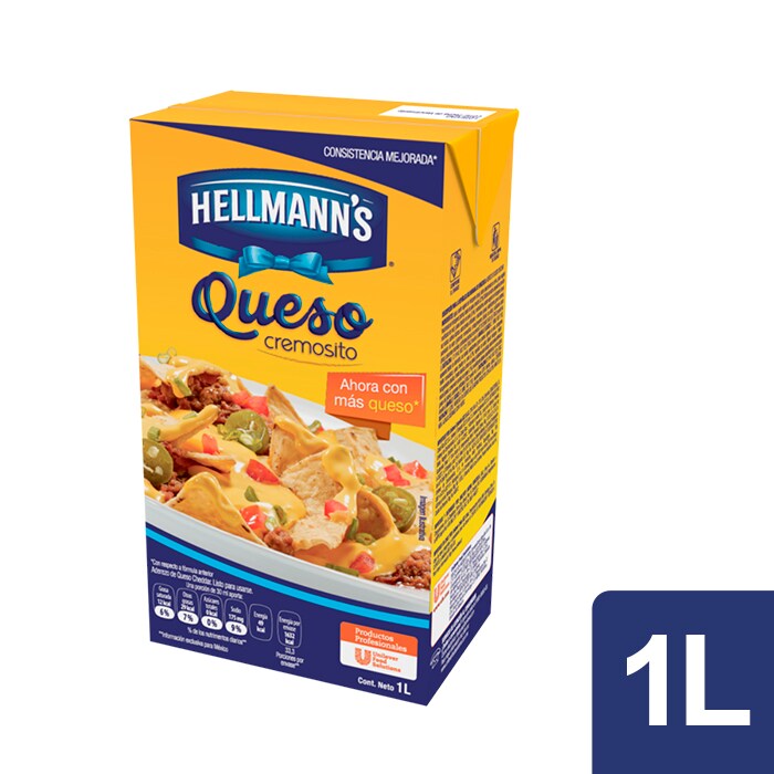 Hellmann's® Aderezo de Queso Cheddar 1 L - Hellmann’s® Aderezo de queso cheddar es una salsa de queso lista para usarse como acompañamiento de un gran número de preparaciones frías o calientes, como snacks y platillos como pastas, salsas y aderezos.