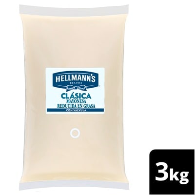 Hellmann’s® Mayonesa Clásica 3 Kg Bolsa con Válvula - La triada de aderezos Hellmann’s® con válvula, en presentación de 3 kg, ahorra espacio, es ideal para trasvasar a dispensadores o mamilas y tiene la consistencia perfecta para mezclar con otros ingredientes o usar como topping