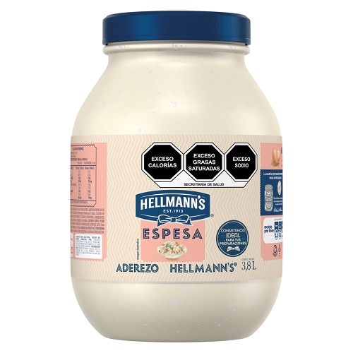 Hellmann's® Mayonesa Espesa 3,8 Kg - Hellmann's® Espesa es un aderezo de mayonesa con consistencia ideal para preparaciones de alto rendimiento*, así como ensaladas y otro platillos, sin necesidad de utilizar grandes cantidades de producto.