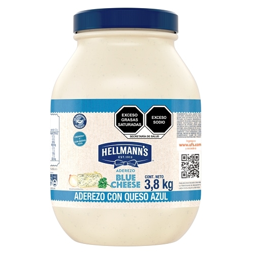 Hellmann's® Aderezo Blue Cheese Regular 3,8 Kg - Hellmann’s® Aderezo Blue Cheese, es ideal para preparar ensaladas y acompañar diferentes platillos como comida rápida o como base para otras preparaciones (salsas, cremas). Es cremoso* y con queso azul. Sin saborizantes artificiales. Mismo sabor, nueva imagen *Por su textura