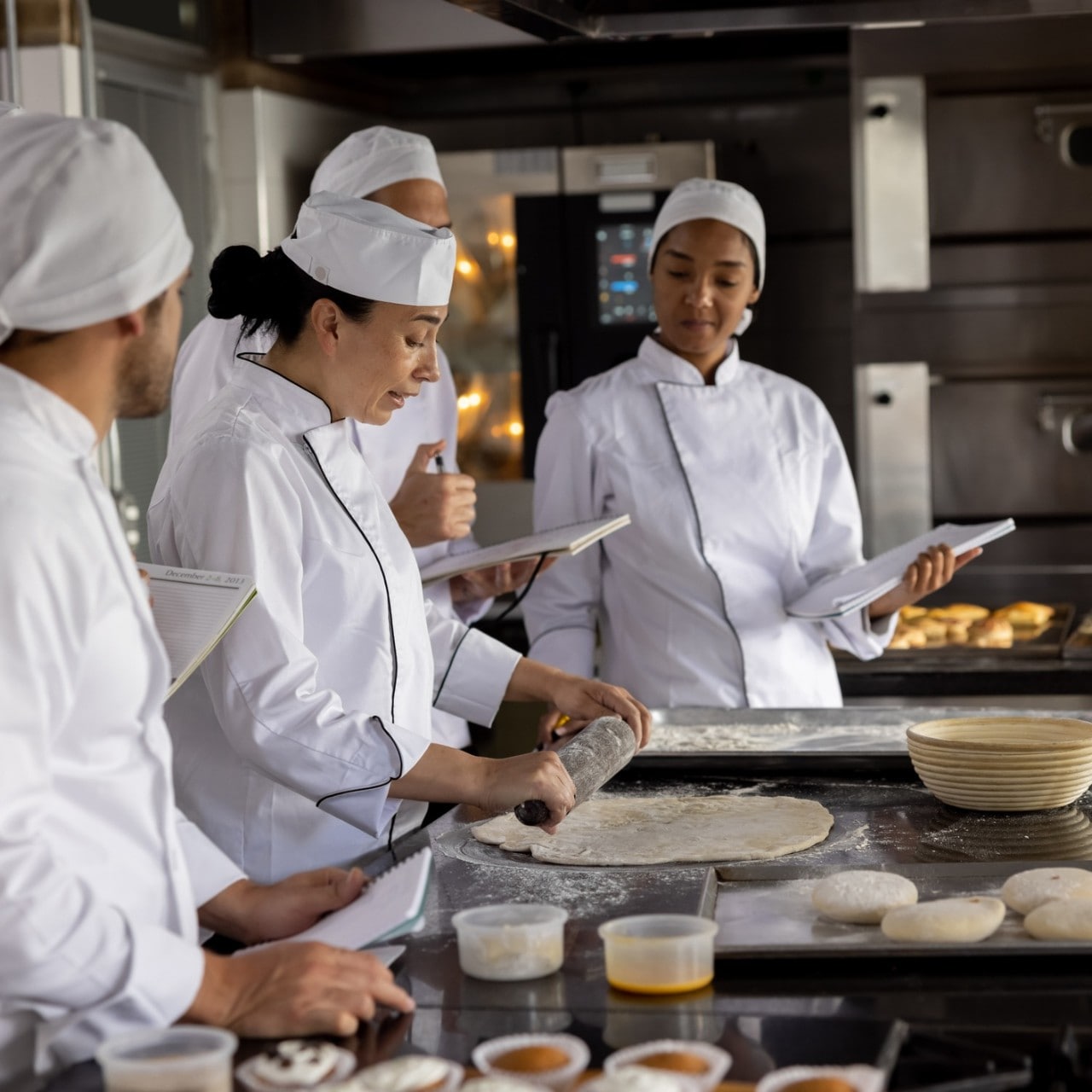 Una cocinera enseña a su equipo de cocina a preparar pizza. Ella muestra cómo estirar la masa con un rodillo, mientras que los aprendices escuchan atentamente y toman nota. Una cocinera enseña a su equipo de cocina a preparar pizza. Ella muestra cómo estirar la masa con un rodillo, mientras que los aprendices escuchan atentamente y toman nota.