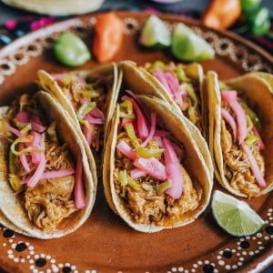 Tres tacos de cochinita pibil, con doble tortilla cada uno y cebolla encurtida como decoración, servidos en un plato tradicional mexicano. También se ven tajadas de limón verde y chiles habaneros de fondo.