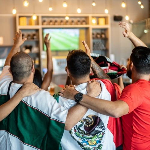 Un grupo de aficionados de fútbol mexicanos miran un partido en un negocio de comidas. Visten playeras, banderas, sombreros y ponchos típicos con los colores de la selección mexicana, se abrazan entre sí y levantan sus brazos para festejar. El televisor se ve al fondo, instalado en un mueble de madera.