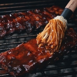 costillas de cerdo cocinándose a la parrilla mientras una persona les agrega más salsa BBQ con un pincel de hilo. costillas de cerdo cocinándose a la parrilla mientras una persona les agrega más salsa BBQ con un pincel de hilo.