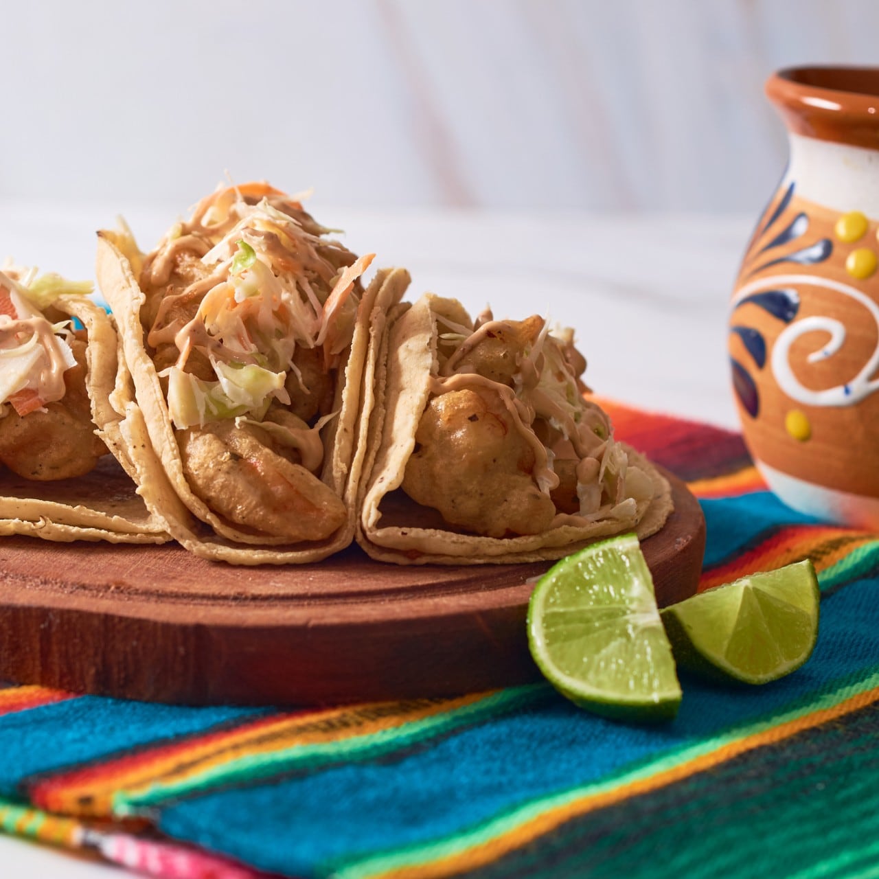 Tacos de pescado y camarones, servidos sobre un mantel colorido, con rodajas de limón, muy tradicionales. Tacos de pescado y camarones, servidos sobre un mantel colorido, con rodajas de limón, muy tradicionales.