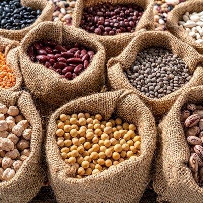 Assorted legumes in burlap sacks in a row as a full frame background with chickpeas, lentils, soybean and beans