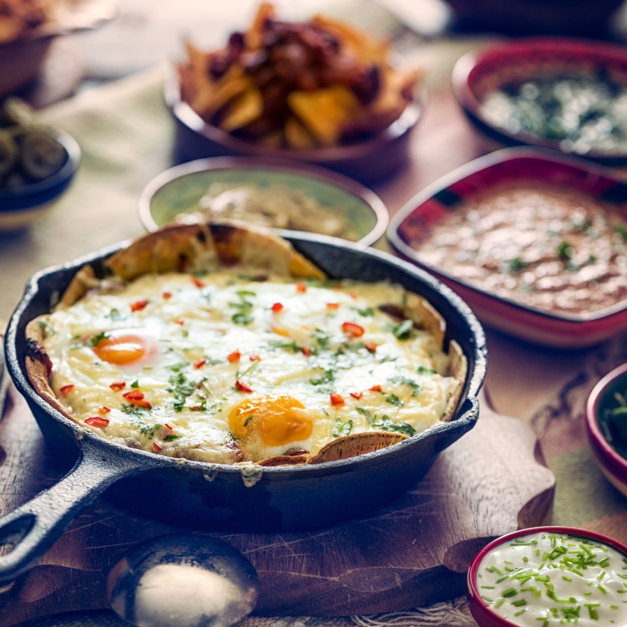 Huevos a la mexicana en sartén de hierro. Huevos a la mexicana en sartén de hierro.