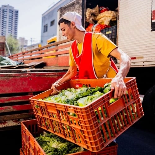 Joven descarga dos huacales de plástico naranja que contienen lechugas para entregarlo al local.