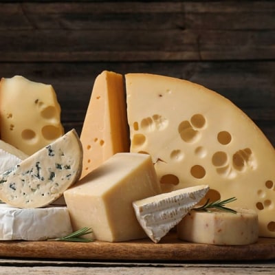 trozos de distintos tipos de quesos, blandos y duros, sobre tabla de madera con romero