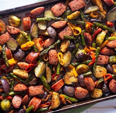 Sausage Sheet Pan Dinner with Asparagus, Potatoes, Brussels Sprouts and Sweet Mini Peppers